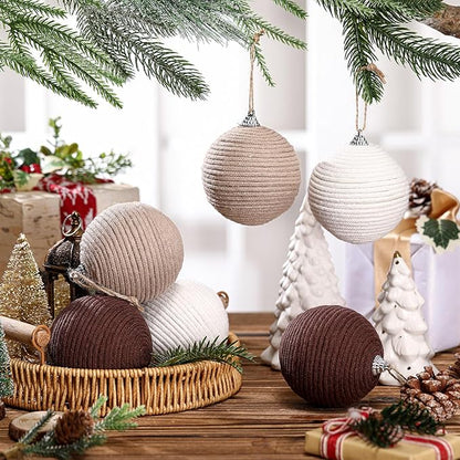 Syhood 6pcs Christmas Ball Ornaments Boho Farmhouse Jute Rope Hanging Xmas Balls Burlap Neutral Rustic Ornaments for Xmas Tree Holiday Wreath Garland (3.15 Inches,White,Beige,Dark Brown)