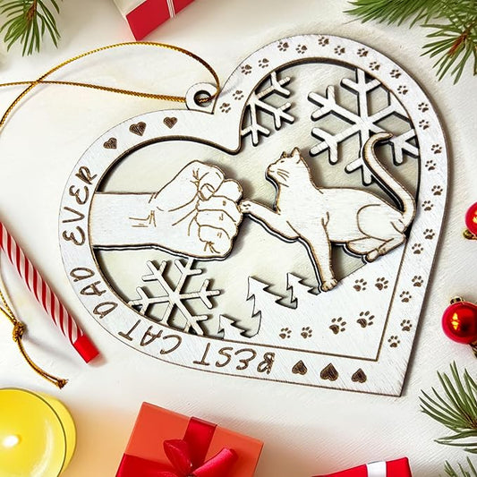Best Cat Dad Ever Wooden Ornament - Cat & Dad Fist Bump Heart-Shaped Holiday Decoration - 2024 Kitten Christmas Ornament