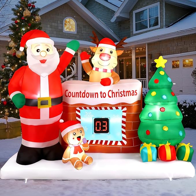 Alupssuc 8FT Christmas Inflatable Outdoor Decorations with LED Countdown Clock, Snowman Santa, Deer and Christmas Tree Lighted Blow Up Lawn Yard Clearance for Indoor Xmas Holiday Party Decor