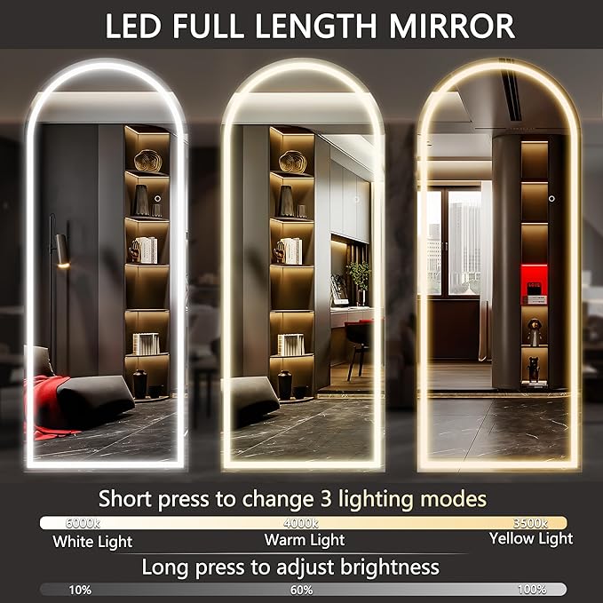 Hasipu 75" x 28" Led Mirror Full Length, Full Length Mirror with Lights Arch Design,Tempered Glass,Shatter-Proof, Dimming & 3 Color Modes for Bedroom Cloakroom-UL