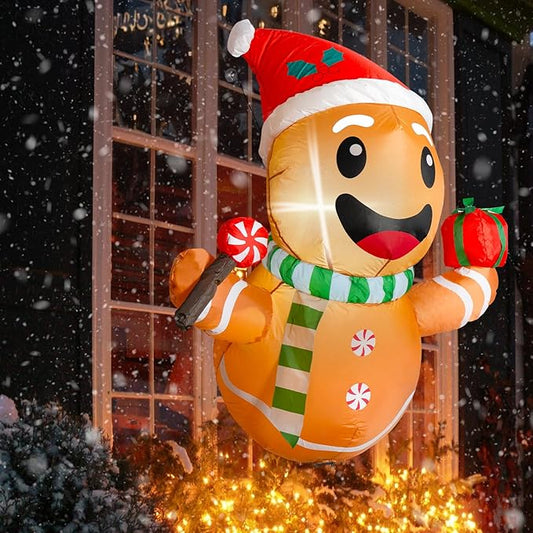 B&D 4FT Christmas Inflatables Gingerbread Man Lean Out from Window Outdoor Decorations, Christmas Window Inflatable Gingerbread Blow Up Yard Decorations Built-in LED Lights for Indoor Lawn Yard Garden