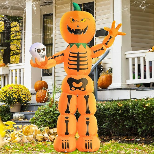 DomKom Halloween Inflatable Blow Up Decorations, 8FT Giant Skeleton Stacked Pumpkin Man Holding Skull, Built-in LEDs for Holiday Party, Garden, Lawn, Yard, Patio Décor