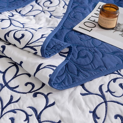 Mixinni Reversible Quilt 3-Piece Blue Embroidery Pattern Elegant Quilt Set with Embroidered Decorative Shams Soft Bedspreads & Coverlet Set - Full/Queen