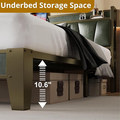 LIKIMIO Full Bed Frame, Storage Headboard with Charging Station, Solid and Stable, Noise Free, No Box Spring Needed, Easy Assembly (Dark Green)