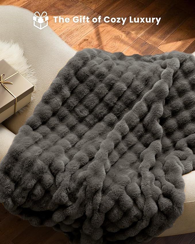 Ultra Soft Cozy Faux Fur Throw Blanket-Fuzzy Plush Thick Bubble Blanket, Fluffy Blanket for Couch, Sofa, Bedroom, and Living Room, 50x60 Inches, Dark Grey