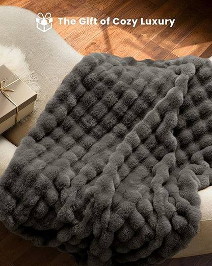 Ultra Soft Cozy Faux Fur Throw Blanket, Fuzzy Plush Thick Bubble Blanket, Oversize Luxury Fluffy Blanket for Couch, Bed, and Living Room, 60x80 Inches, Dark Grey