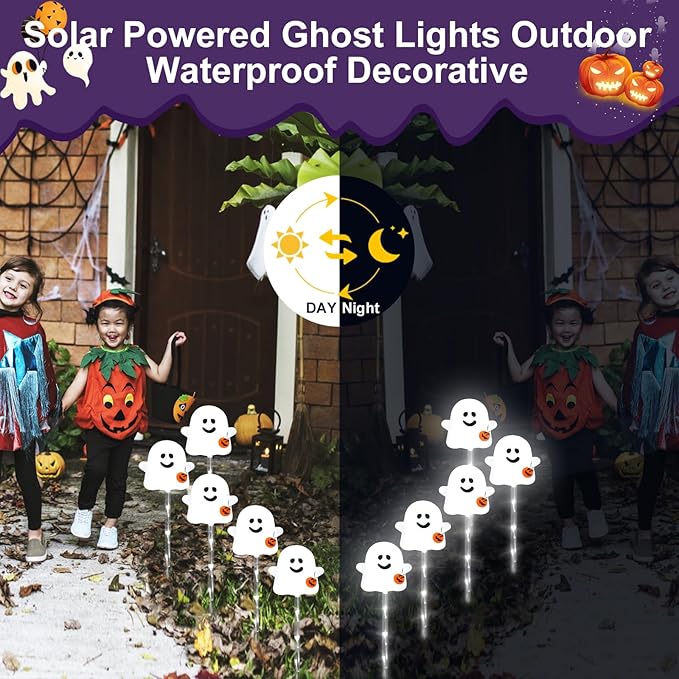 Solar Halloween Ghost Pathway Lights, 10 Pack - Outdoor Ghost Stake Lights with Pumpkin Design, Solar Powered Auto-On, Waterproof Halloween Decor for Garden, Walkway, Yard, Party (Transparent)