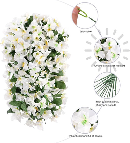 Artificial Faux Bougainvillea Flowers Plants for Outdoor Outside Summer Decoration, 2 PCS Fake Silk UV Resistant Look Real Long Trailing Vines for Front Door Porch Planter Urn Patio Balcony, White