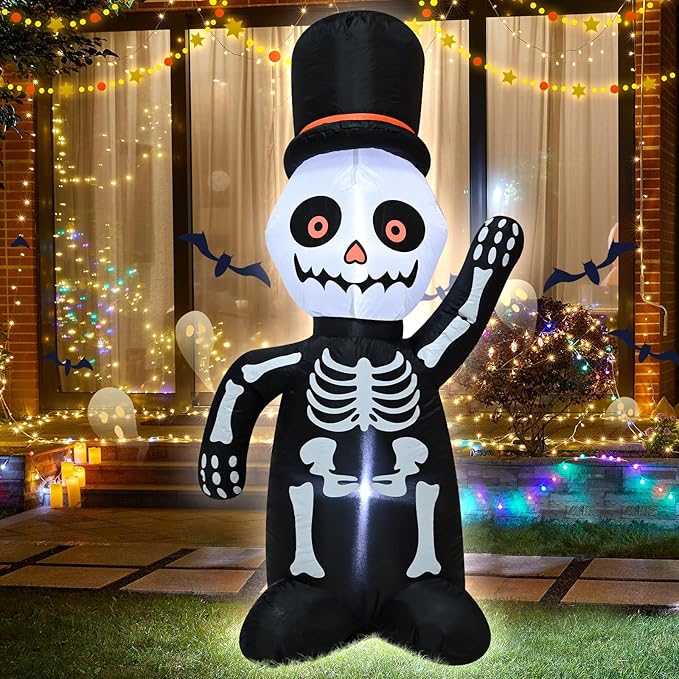 TRMESIA 4FT Halloween Inflatable Skeleton Decoration with Lights, Blow up Skull for Outdoor Yard Garden Decorations on Halloween 24HLW-03-03