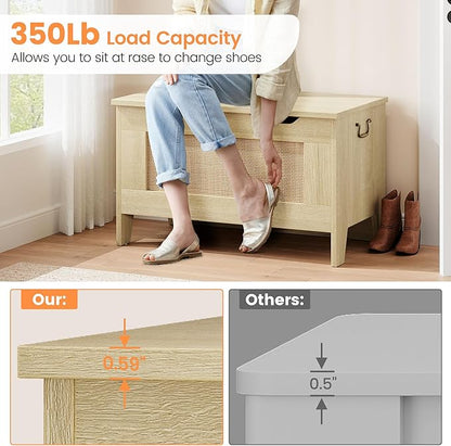 IDEALHOUSE Storage Chest, Rattan Toy Chest, 30" Wooden Storage Bench with Safety Hinge, Blanket Chest, Entryway Bench, Supports 350 lb, Storage Trunk for Living Room, Bedroom, Playroom, Natural Oak