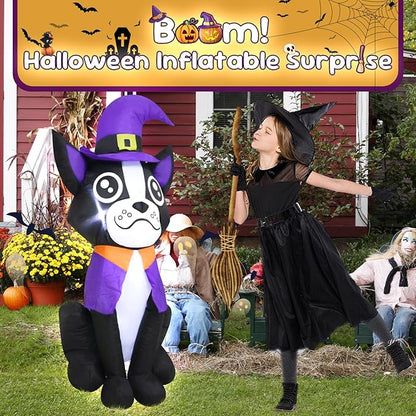 4FT Halloween Inflatable Decor Dog Purple Hat Halloween Blow Up Decoration with LED Lights Indoor Outdoor Yard Graden Party Holiday Decor