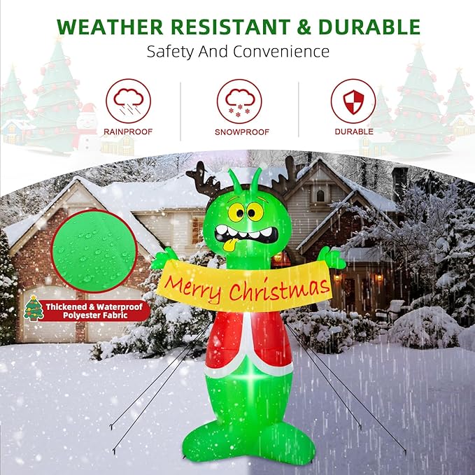 8FT Christmas Inflatable Outdoor Decoration, Inflatable Alien Christmas Blow Up Yard Decorations with Built-in LEDs Inflatable Xmas Decorations for Party Garden Yard Lawn Decor