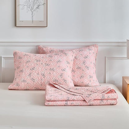mixinni 3 Pieces Queen Size Comforter Set, Vibrant Colors Pink Floral Bedspread Coverlet Set, Summer Quilted Bed Set for All Season-(Includes 1 Quilt, 2 Pillow Shams)