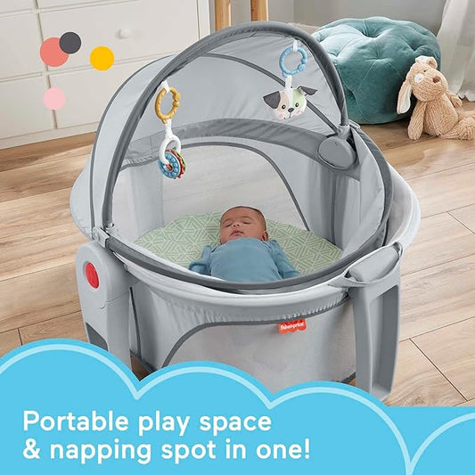 Fisher-Price Portable Bassinet On-The-Go Baby Dome, Travel Play Space with Developmental Newborn Toys & Canopy, Puppy Perfection