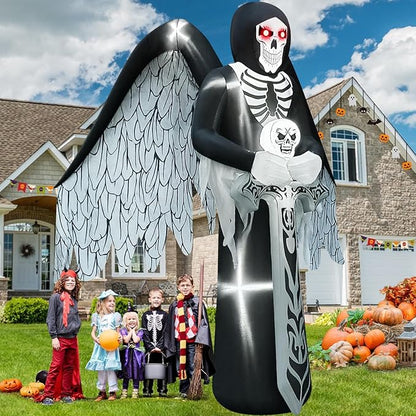 12FT Halloween Inflatables with LED Light, Kalolary Giant Winged Grim Reaper Inflatable Scary Halloween Outdoor Blow Up Decoration Halloween Yard Inflatable for Garden Lawn Home Holiday Party Supplies
