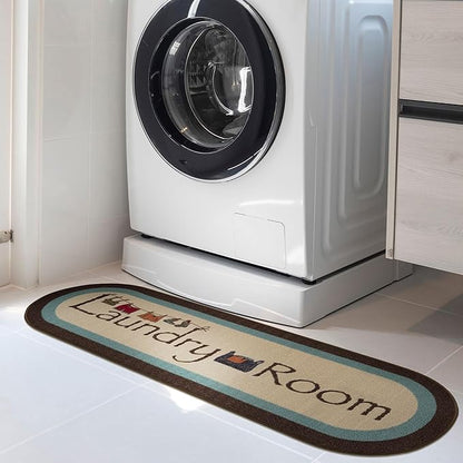 Ottomanson Laundry Collection Non-Slip Rubberback Bordered Design 2x5 Laundry Room Runner Rug, 20" x 59" Oval, Beige