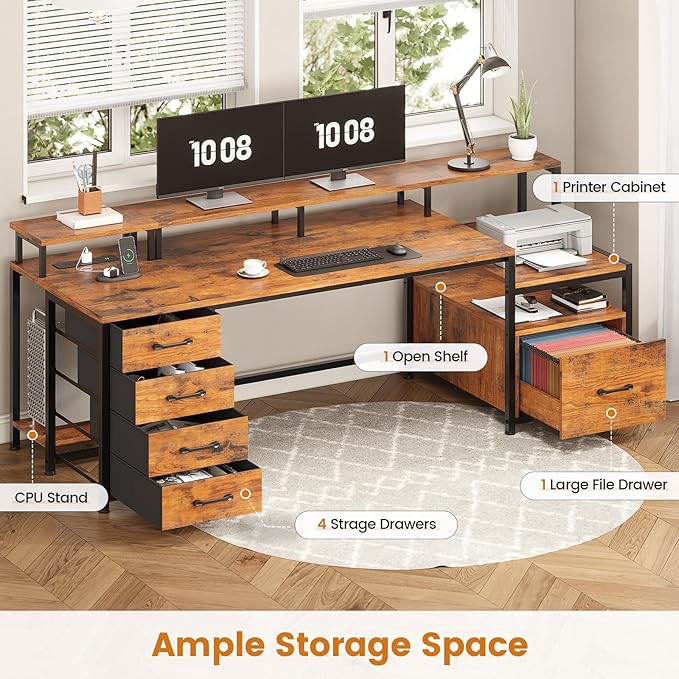 SEDETA Home Office Desk with File Drawer & Power Outlet, 75'' Large Computer Desk with 5 Drawer, Storage Shelves, Monitor Shelf and Led Lights, 23.6" W Desktop Gaming Desk, Rustic Brown