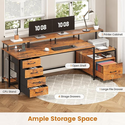 SEDETA Home Office Desk with File Drawer & Power Outlet, 75'' Large Computer Desk with 5 Drawer, Storage Shelves, Monitor Shelf and Led Lights, 23.6" W Desktop Gaming Desk, Rustic Brown