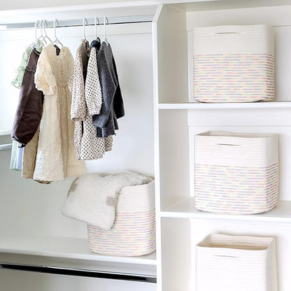 NaturalCozy 13 Inch Cube Storage Bins Cotton Rope Woven Baskets for Organizing 3-Pack | 13 x 13 Storage Cubes | Fabric Square Storage Baskets for Shelves Organizer, Kids Toy Bins, Closet Baby Nursery