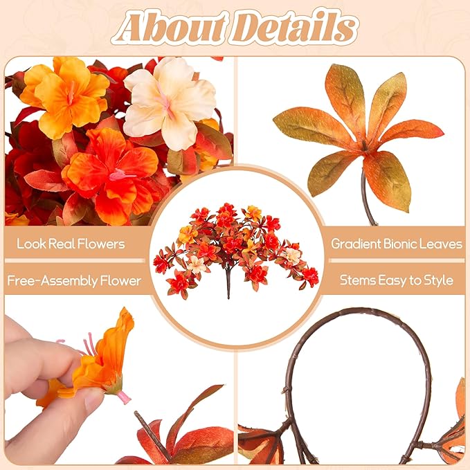 Fall Flowers Artificial for Decoration, Fake Silk Rhododendron Flowers for Outdoors, 2 Bundles Faux Azalea Outside UV Resistant No Fade Floral for Home Garden Balcony Walkway Wedding Party Decor