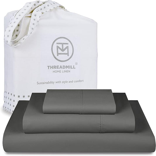 Threadmill Luxury 800 Thread Count 100% Cotton Sheets - Dark Grey Sateen Weave Twin Size Bed-Sheets, Better Than Egyptian Cotton,3 Pc Solid Soft Bedding Set, Fits 15" Deep Pocket