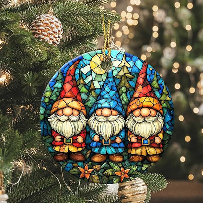 Christmas Gnome Ornament Round Ceramic Stained Glass Style Ornament Xmas Keepsake for Christmas Tree Winter Holiday Xmas Gift for Women Men Xmas Hanging Ornament 3"