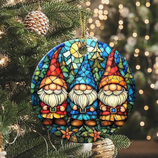 Christmas Gnome Ornament Round Ceramic Stained Glass Style Ornament Xmas Keepsake for Christmas Tree Winter Holiday Xmas Gift for Women Men Xmas Hanging Ornament 3"