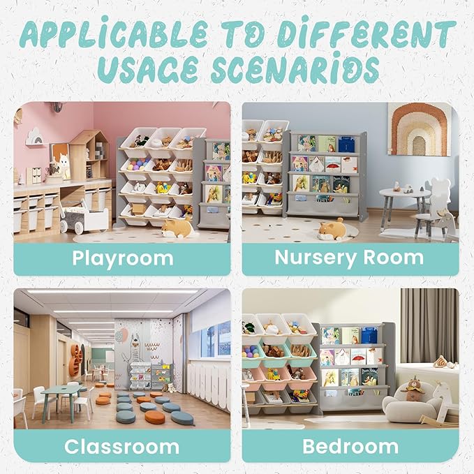 Kids Toy Storage Organizer - Toy Storage with Kids Bookshelf, Toy Organizer with 12 White Bins and 4 Book Shelves, Toy Organizers and Storage for Playroom, Nursery, Kids Room, Grey