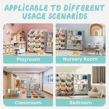 Kids Toy Storage Organizer - Toy Storage with Kids Bookshelf, Toy Organizer with 12 White Bins and 4 Book Shelves, Toy Organizers and Storage for Playroom, Nursery, Kids Room, Grey