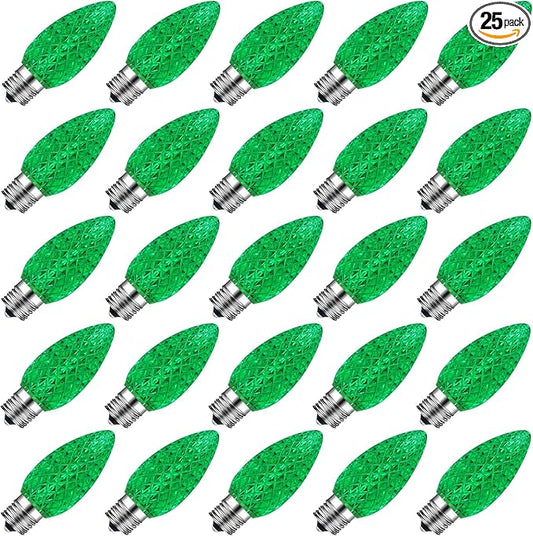 25 Packs C9 LED Replacement Christmas Light Bulbs, C9 Shatterproof LED Bulbs for Christmas Outdoor Indoor String Lights, Waterproof Dimmable Strawberry Holiday Bulbs, E17 Intermediate Base, Green