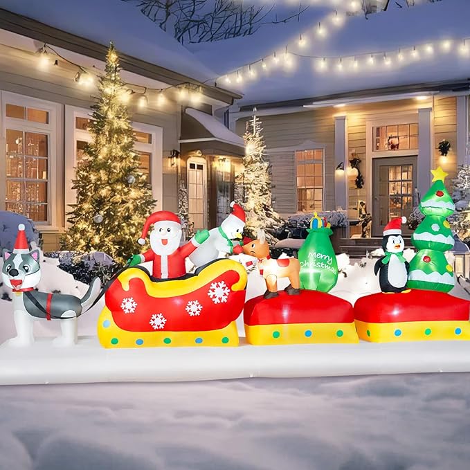 B&D 12FT Long Christmas Inflatables Outdoor Decorations, Inflatable Santa Claus on Dog Sled with Snowman, Penguin, Reindeer Blow up Christmas Decorations Built-in LEDs for Xmas Garden Yard Lawn Roof