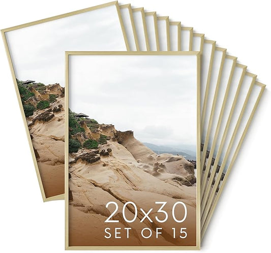 HAUS AND HUES 20x30 Gold Metal Picture Frames - Features Premium Aluminum, Vertical & Horizontal Hang, Shatterproof Plexiglass - Perfect for Home, Room, Office (20x30 in, Gold, Set of 15)