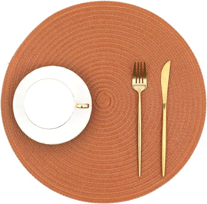 SHACOS Round Placemats Set of 6 Washable 15 inch Round Fall Placemats Cotton Polyester Woven Braided Table Place Mats for Dining Table Decor, Dark Orange