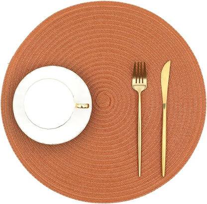 SHACOS Round Placemats Set of 6 Washable 15 inch Round Fall Placemats Cotton Polyester Woven Braided Table Place Mats for Dining Table Decor, Dark Orange