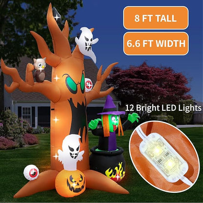 8FT Halloween Inflatables Tree Outdoor Decor with Inflatable Ghost Witch Pumpkins Blow Up Yard Decorations with LED Lights Owl Eyeballs Outside Lawn Party Decor
