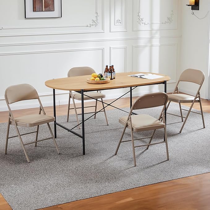Sweetcrispy Folding Chair 8 Pack, Leather Padded Folding Chairs, Sturdy Metal Foldable Chairs, Easy to Use and Store, Outdoor and Indoor, for Home, Office, Party, Comfy, Kahki
