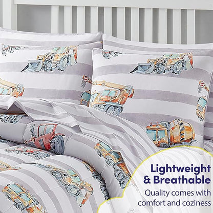 Kids Bedding Set Bed in a Bag for Boys and Girls Toddlers Printed Sheet Set and Comforter , Twin, Trucks
