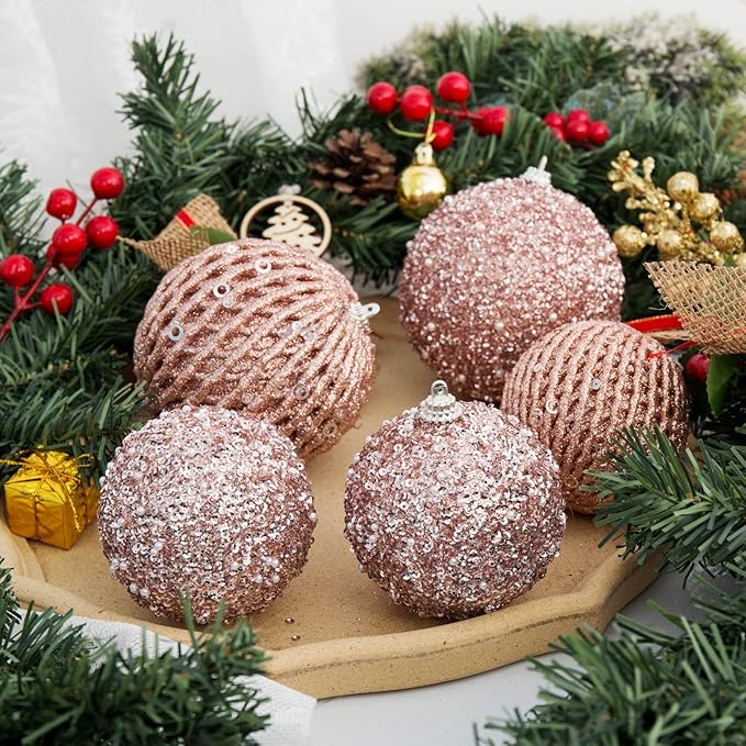 6pcs 3.94" Christmas Ball Ornaments Glitter Shatterproof Christmas Tree Ornaments Sequin Xmas Hanging Balls Decorations for Wedding Party Holiday(Rose Gold, 6pc-10cm)