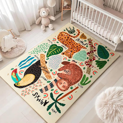 5x7 Cute Animals Nursery Rugs for Girls Boys Neutral, Soft Cartoon Fun Whimsical Forest Jungle Kids Playroom Carpet, Modern Abstract Funky Tropical Leaves Plants Area Rugs for Kids Bedroom Living Room