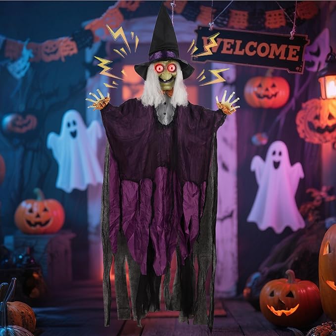 Prsildan 6.6FT Hanging Witch Halloween Decorations Outdoor, Animated Talking Witches with Color-Changing LED Eyes & Scary Sounds, Touch & Sound Sensor Halloween Decor for Yard Porch Haunted House