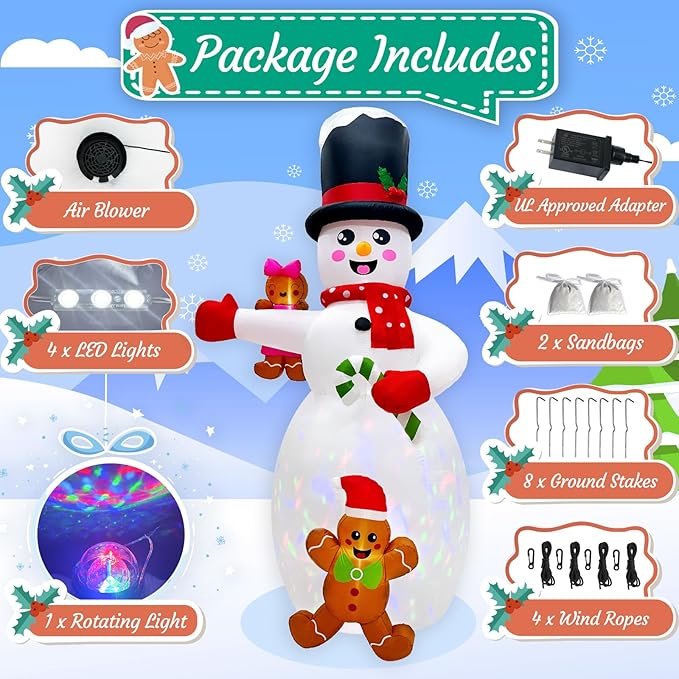 AerWo 14FT Giant Christmas Inflatable Outdoor Decoration, Christmas Blow Ups Yard Decorations Snowman with Gingerbread Man Inflatables, Christmas Inflatables with Rotating LEDs for Lawn Xmas Decor