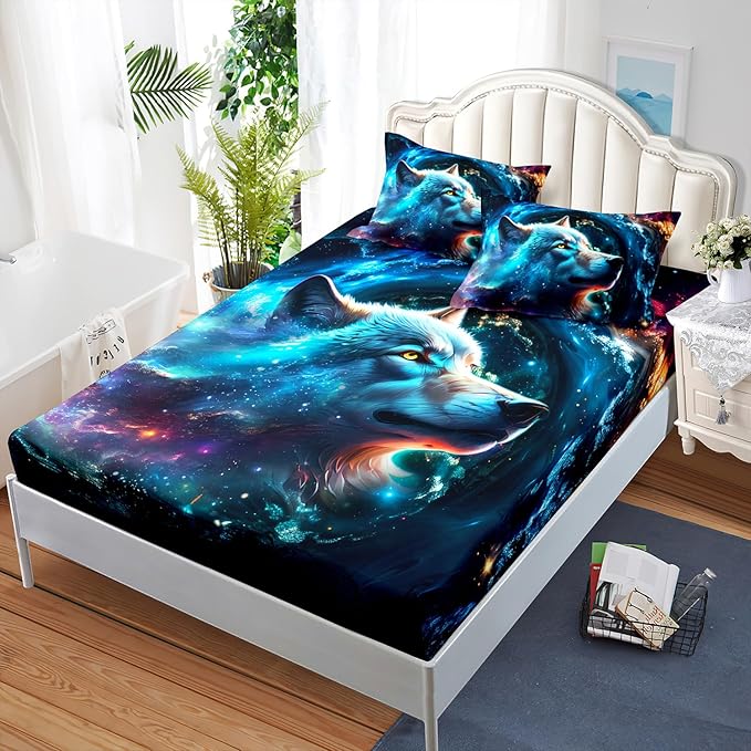 AILONEN Wolf Fitted Sheet Set Twin Size, Space Galaxy Wolf Bed Sheet Set for Boys Girls,Howling Wolf Safari Wolf Breathable Fitted Sheet and 2 Pillowcases,3 Pieces