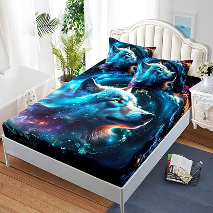 AILONEN Wolf Fitted Sheet Set Twin Size, Space Galaxy Wolf Bed Sheet Set for Boys Girls,Howling Wolf Safari Wolf Breathable Fitted Sheet and 2 Pillowcases,3 Pieces