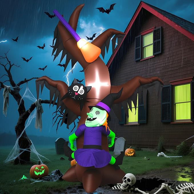 8FT Halloween Inflatables Tree with Witch, Cat & Broomstick, Halloween Blow Up Yard Decorations with 4 Built-in LED Lights, Self-Inflating Halloween Outdoor Decor for Garden, Lawn, Parties