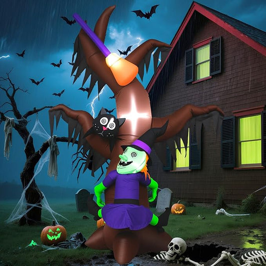 8FT Halloween Inflatables Tree with Witch, Cat & Broomstick, Halloween Blow Up Yard Decorations with 4 Built-in LED Lights, Self-Inflating Halloween Outdoor Decor for Garden, Lawn, Parties