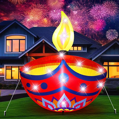 VIHOSE 4 ft Happy Diwali Inflatables Diya Deepavali Themed Blow up Decor Indian Festival LED Lights Inflatable Decoration for Outdoor Indian Diwali Lights Party Lawn Decorations