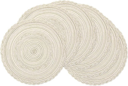 SHACOS Round Placemats Set of 6 Boho Braided Bordered Placemats 15 inch for Dining Tables Wedding Holiday Party (Ivory Bordered, 6)