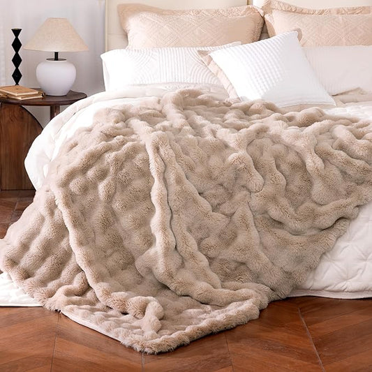 Ultra Soft Cozy Faux Fur Throw Blanket, Fuzzy Plush Thick Bubble Blanket, Oversize Luxury Fluffy Blanket for Couch, Bed, and Living Room, 60x80 Inches, Light Brown