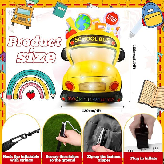 VIHOSE 5.4 Ft Back to School Inflatable Decorations First Day of School Bus Blow Up Yard Decor Build in LED Lights for Party Outdoor Garden Lawn Holiday