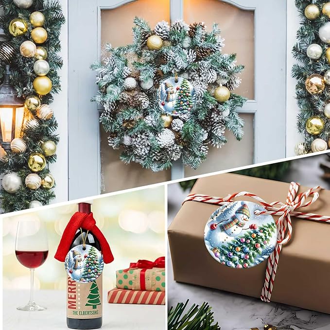 Snowman Ornaments Snow Pine Round Ceramic Ornament Christmas Keepsake Decor for Christmas Tree Winter Holiday Xmas Gift for Women Men Hanging Ornament 3"